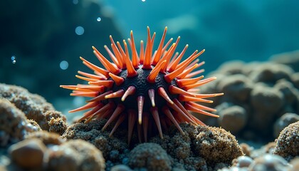 Sea urchin on seabed underwater with orange spines