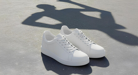 Naklejka premium Blank, empty running shoes mockup, on pavement with jogger shadow overlay, 3d rendering, Isolated sportswear branding, fitness promo template.