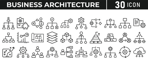 Set of 30 outline icons related to business architecture, line icon bundle