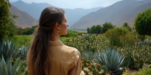 Young caucasian female enjoying scenic mountain view in cactus garden