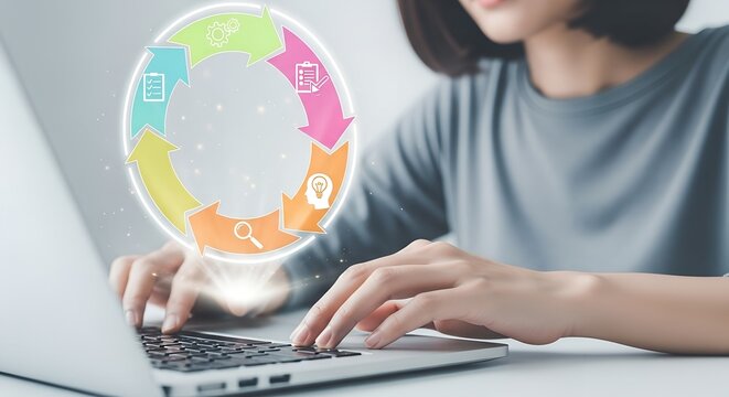Woman using laptop with digital workflow process
