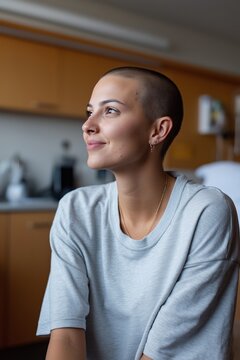 Young caucasian female with shaved head smiling in casual setting