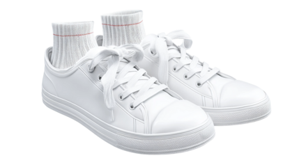 Classic White Sneakers and Socks: A pair of crisp, clean white sneakers with matching socks, perfectly styled for everyday wear, showcasing a blend of comfort and timeless fashion.
