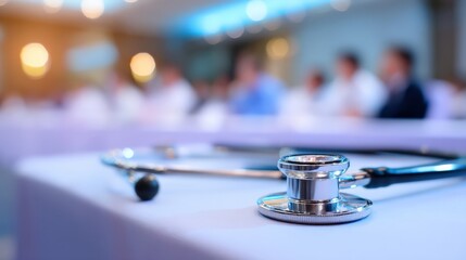 A stethoscope lies on a table in a conference room with blurred people in the background, suggesting a medical meeting or seminar.