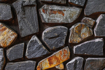 Close-up of rustic stone wall pattern with varied textures and colors