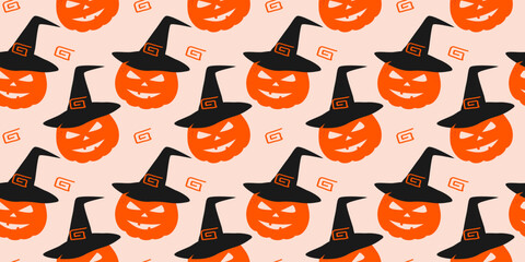 Hand Drawn Halloween Pumpkin in Witch Hat and Decorative element Seamless pattern Halloween Greeting