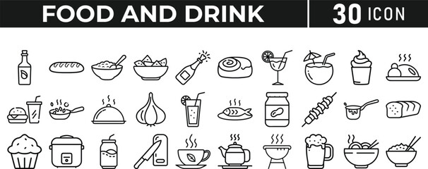  Set of 30 outline icons related to food and drinks, line icon bundle