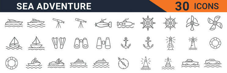 Sea Adventure Vector Icon Set | Adjustable Line Weight | Boat, anchor, lighthouse, diving, submarine, sailing, compass, marine, flippers, cruise, ocean, travel, exploration icons. Vector Illustration.