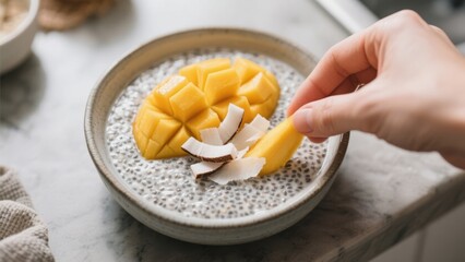 Woman's hand adds a slice of juicy mango to a delicious and healthy chia seed pudding, topped with fresh coconut flakes, a delightful and nourishing breakfast or dessert option