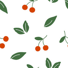 Red cherry and green leaf pattern on pale background seamless pattern for fabric, textiles, clothing, wallpaper, cover, banner, home decor, florals backgrounds