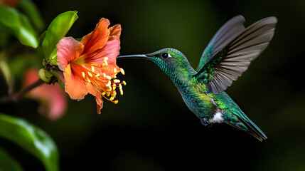 Obraz premium A hummingbird sipping nectar from a tropical flower.