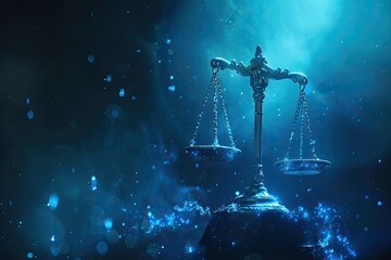 Scales of Justice in Blue Sparkly Environment, Representing Legal Fairness