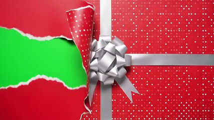 Red gift wrap tearing away to reveal a vibrant green screen background, ideal for holiday unboxing and festive surprise reveals. - Powered by Adobe