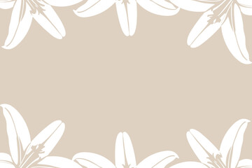 White lily floral border vector illustration on beige background with elegant frame design, place for a text