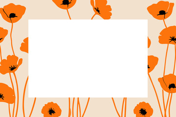 Orange poppy border vector illustration with bold contrast design and blank center for text, place for a text