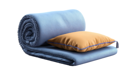 Cozy Comfort: A soft blue blanket lies folded and rolled, paired with a plush yellow pillow, inviting relaxation and rest.
