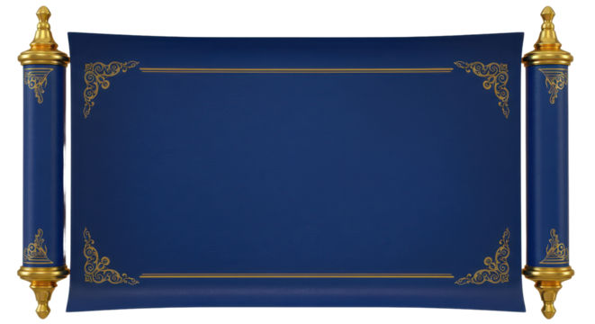Formal Dark Blue Scroll Banner Illustration with Gold Finials and Decorative Border Isolated