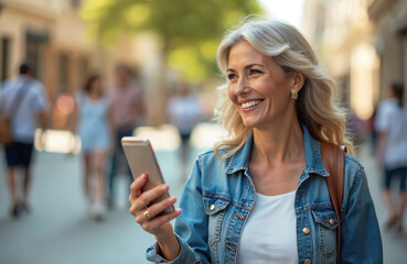 Smiling mature woman using smartphone in city street. Happy female traveler checking map. Woman with mobile phone on vacation in town. Smiling senior woman outdoors.