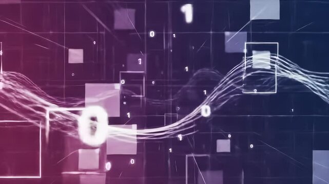 Abstract digital data flow with dynamic glowing lines and binary code representing technology, network, and communication in a futuristic cyberspace.