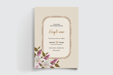 WEDDING INVITATION FRAME WITH FLOWER DECORATIONS AND FRESH LEAVES