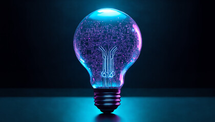 Futuristic Neon Lightbulb with Holographic Tech and Digital Circuits