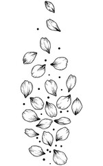 Hand-drawn black and white illustration of scattered falling flower petals with sketchy textures and ink shading, arranged in a cascading vertical layout.