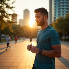 A young Middle Eastern man wearing a smartwatch checking his fitness stats after a morning run in a city park. The background includes modern buildings, trees, and other joggers. The lighting is soft 