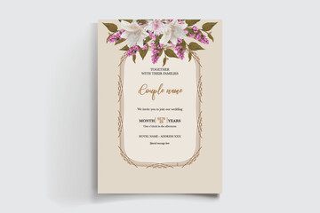 WEDDING INVITATION FRAME WITH FLOWER DECORATIONS AND FRESH LEAVES