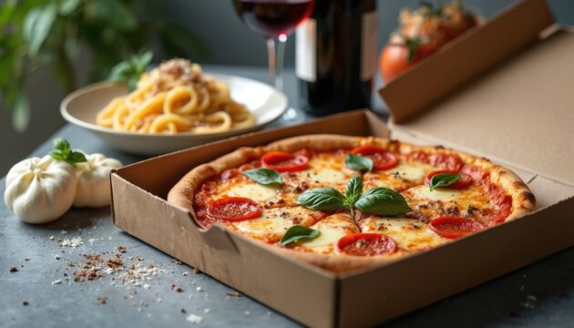 Italian dinner pizza with pepperoni mozzarella, pasta, tomatoes and glass red wine. Meal in restaurant. Takeout food in cardboard box. Delicious italian food, healthy lifestyle.