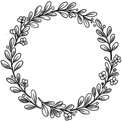 Hand-drawn floral wreath vector in black and white with leaves and small blossoms forming a circular frame, perfect for invitations, cards, and decorative designs.