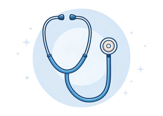 Illustration of a blue stethoscope on a light blue background with white sparkles