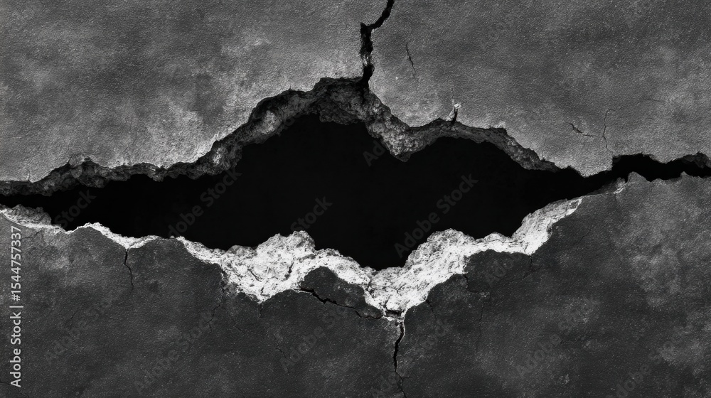 Poster crack in the wall revealing a dark void behind it in an old building
