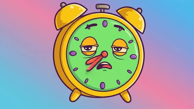 Cartoon alarm clock with a tired expression against a vibrant gradient background