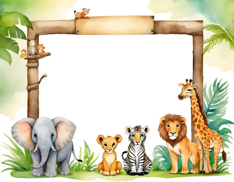 frame of animals with copy text space, Cute cartoon safari zoo with animal frame border on background in watercolor style.