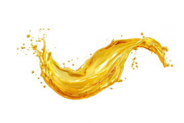 A dynamic splash of golden liquid with droplets against a transparent background