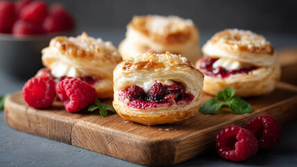Delicious puff pastries filled with camembert cheese and raspberry jam