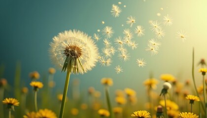 Dandelion seed dispersal in spring meadow