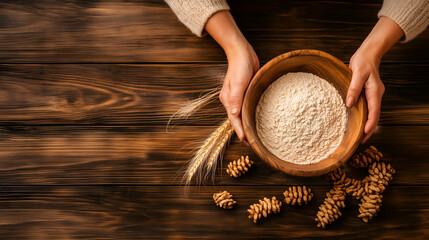 Rustic Wooden Bowl Filled with Flour, Hands Holding Wheat, Baking and Cooking Concept, Traditional Kitchen Scene, Artisan Food Preparation, Natural Ingredients, Homestyle Culinary Visual