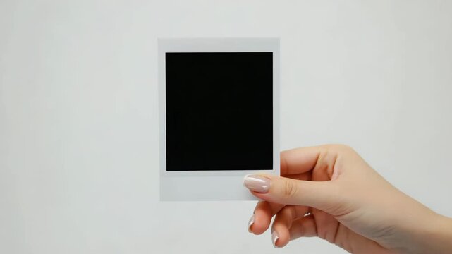 Hand holding blank instant picture, white background.
