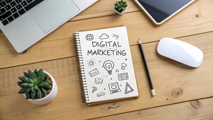 Digital marketing strategy notebook on wooden desk