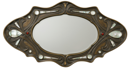 Ornate bronze framed mirror with vintage Art Nouveau design isolated PNG with Transparent Background