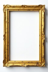 Chipped gold square frame, distressed antique look, against pure white, isolated, shabby chic, art