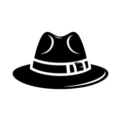 A stylized black and white illustration of a fedora hat.