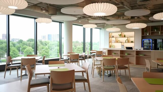 Bright, modern office cafe interior: an empty, spacious corporate breakroom and lounge with contemporary design, large windows, and inviting tables.