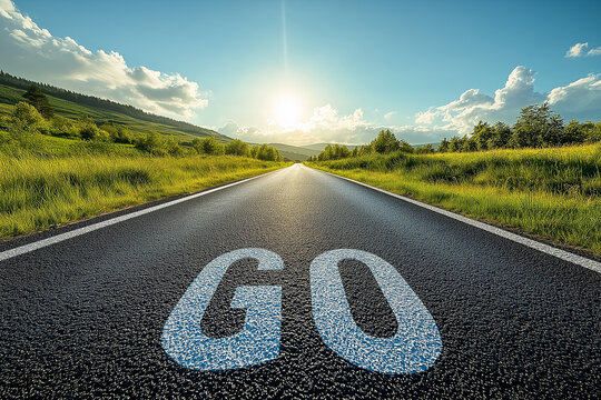 Empty road with GO text surrounded by green grass for visuals on starting, drive, and ambition
