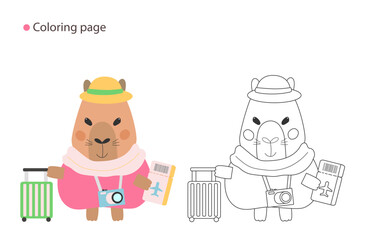 Travel-themed summer cartoon capybara coloring sheet with happy animal carrying suitcase and passport – includes small color reference for creative kids' fun.
