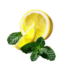 A lemon slice and half with fresh mint leaves on a black background in a close up still life shot on transparent background