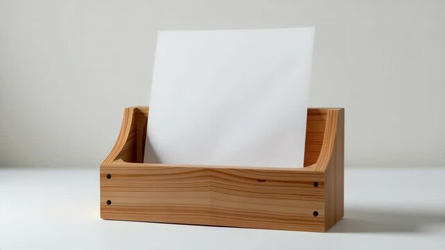 A blank sheet of paper is standing upright in a wooden desk organizer against a plain background.