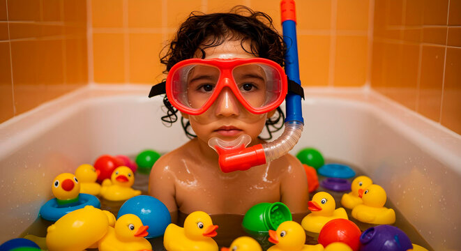 Young child in snorkel mask sits in a bathtub full of bright rubber ducks and plastic toys, creating a funny and colorful underwater explorer scene in a home bathroom.