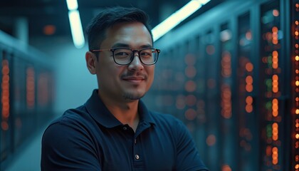 Confident Asian CTO stands data center server room. Male pro in black shirt glasses looks, smiles. Digital infrastructure, innovation, modern tech workplace, leadership, technology background.